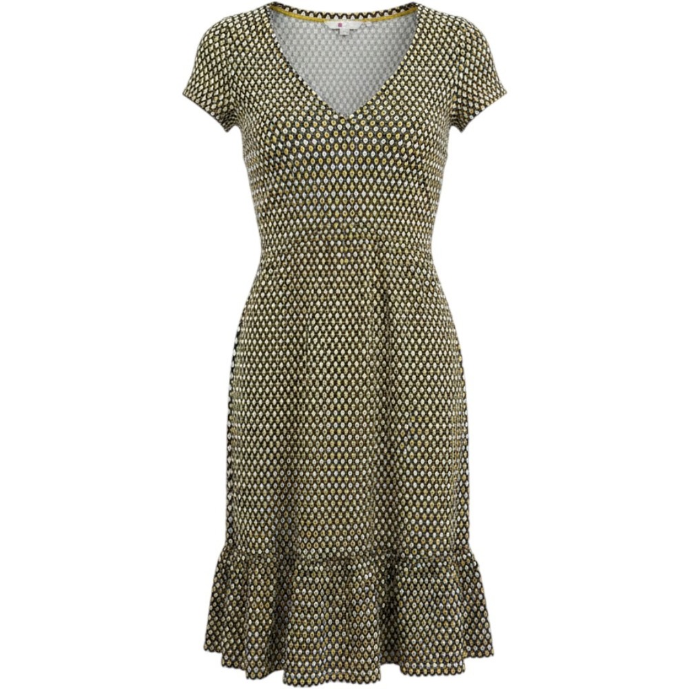 Boden Geometric Print Dress Womens 10 Yellow Navy V-Neck Ruffle Hem Cotton